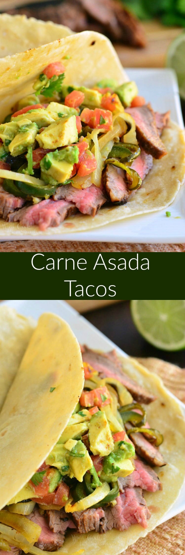 Carne Asada Tacos. Juicy flank steak marinated and seared to perfection, it's topped with onions and poblano peppers sauteed in steak marinade and fresh tomato avocado topping.