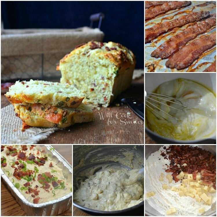 collage of prep and ingredients for bacon cheese bread