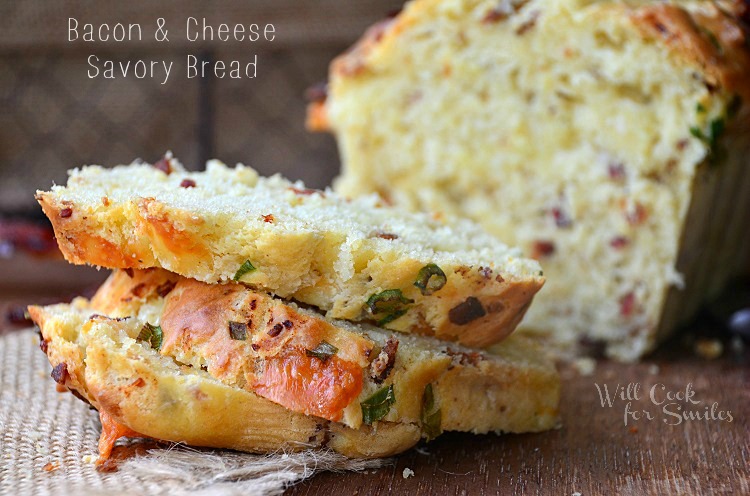 close up shot of sliced bacon cheese savory bread on a burlap cloth