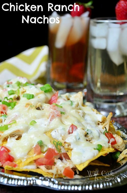 chicken ranch nachos on a silver platter 