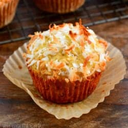 one coconut oat muffin with parchment paper peeled off.