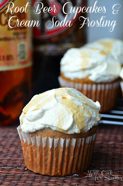 close up shot of root beer cupcakes with additional cupcakes in background and 2 2 liters of soda to the left in back ground