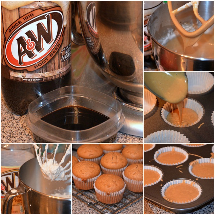 collage of prep and ingredients for root beer cupcakes