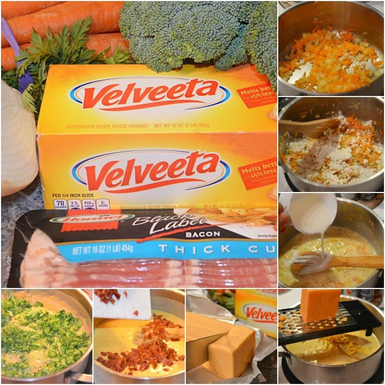 Collage of steps to make Bacon Broccoli Cheese Soup.