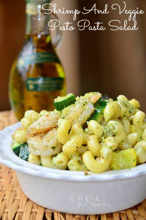 Shrimp and veggie pasta salad in a white bowl 