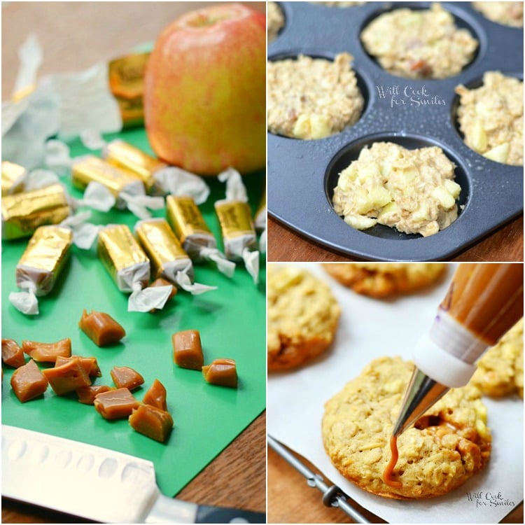 Dulce de Leche Apple Caramel Oatmeal Cookies. Wonderful fall homemade cookie recipe. These are soft oatmeal cookies made with apples, chewy caramel chunks, and drizzled withn Dulce de Leche. #homemade #cookies #applecaramel #apple #oatmeal #caramel