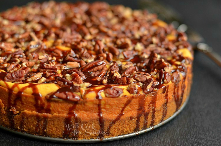 Pumpkin Chocolate Cheesecake on a table 