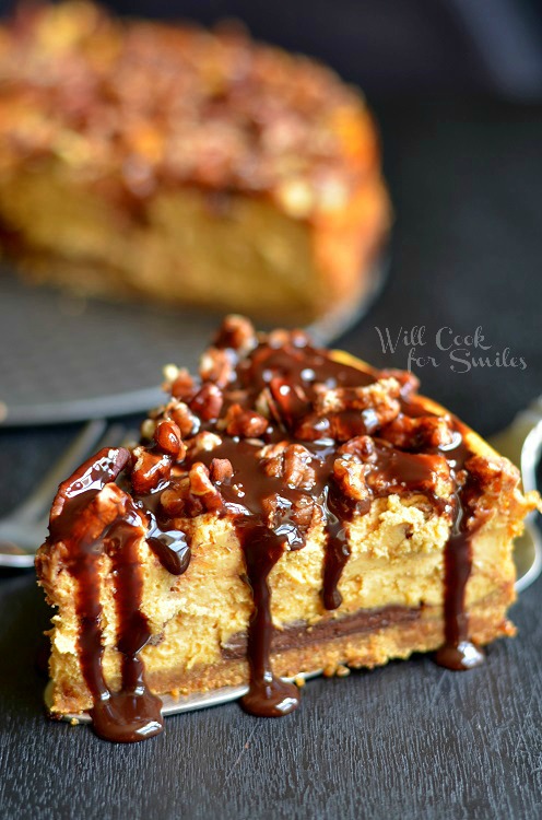 slice of Pumpkin Chocolate Cheesecake on a table 