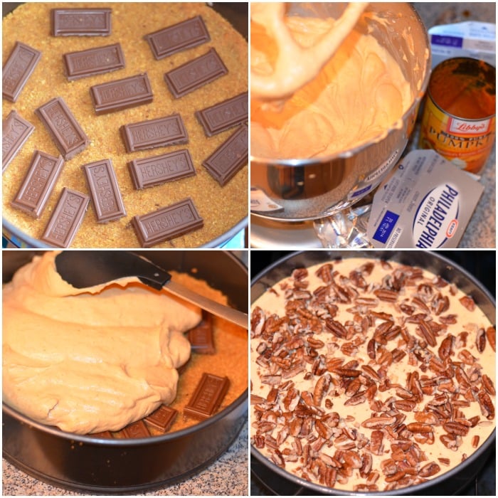 steps for making pumpkin chocolate cheesecake first picture is of pieces of Hershey bar on the crust, 2nd picture of cream cheese and pumpkin mixture in mixing bowl, 3rd picture putting cream cheese mixture on top of pie crust and third picture is completed cheesecake uncooked  