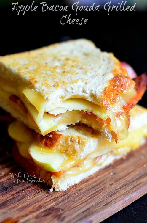 Apple Bacon Gouda Grilled Cheese with a bite out of it 