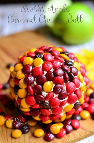 caramel apple cheese ball with m&ms on the outside 