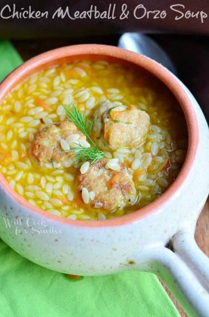 Chicken Meatball Orzo Soup in a soup bowl with a handle 