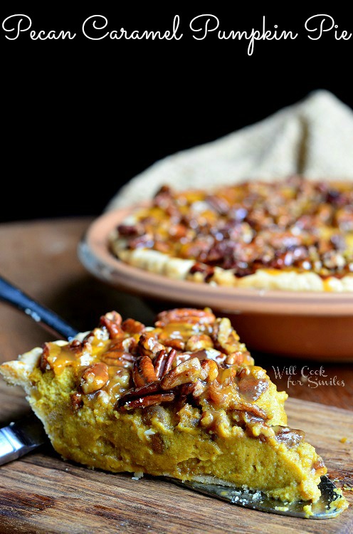 Pecan Caramel Pumpkin Cheesecake slice on a wood table 