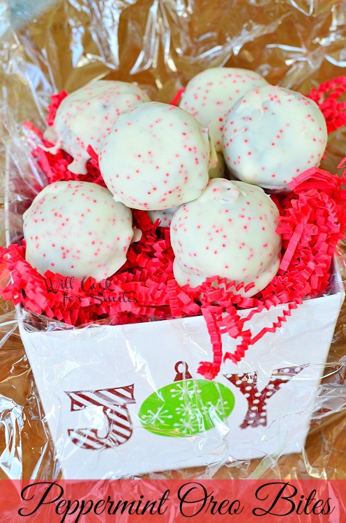 Peppermint Oreo Bites in a joy container 