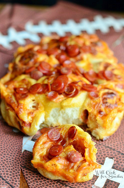 football Pizza Pinwheels with one pinwheel in front 