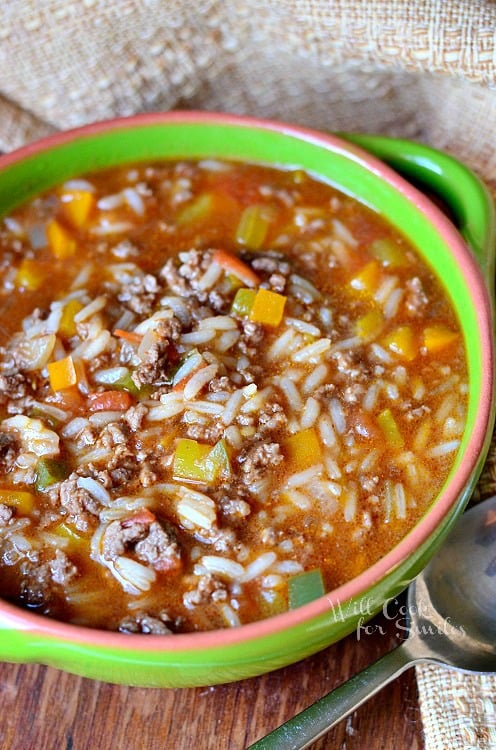 Stuffed Peppers Soup in a green soup bowl 