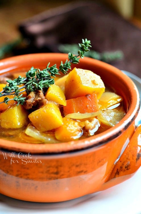 above view of winter squash beef stew in a red clay bowl on a white plate with a spoon at the right of the bowl