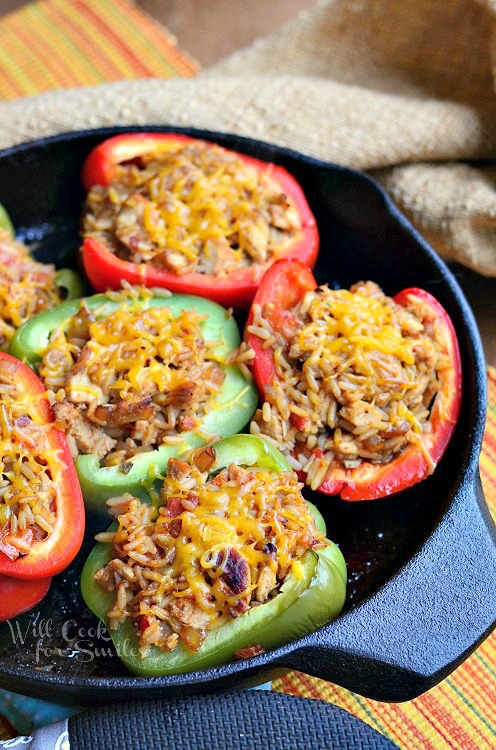 Chicken Fajita Stuffed Peppers in a cast iron pan 