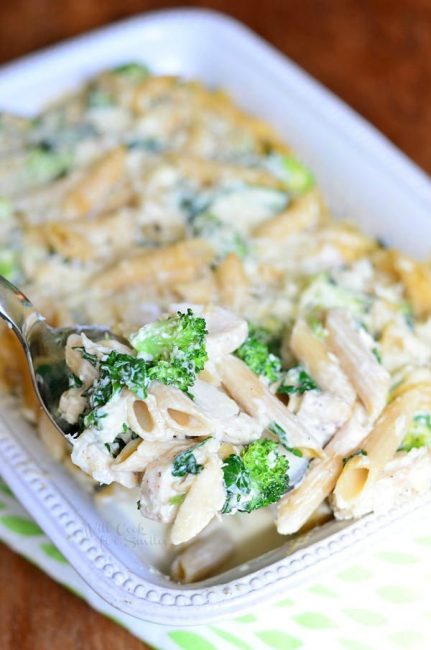 Lightened Spinach & Broccoli Chicken Alfredo Bake - Will Cook For Smiles