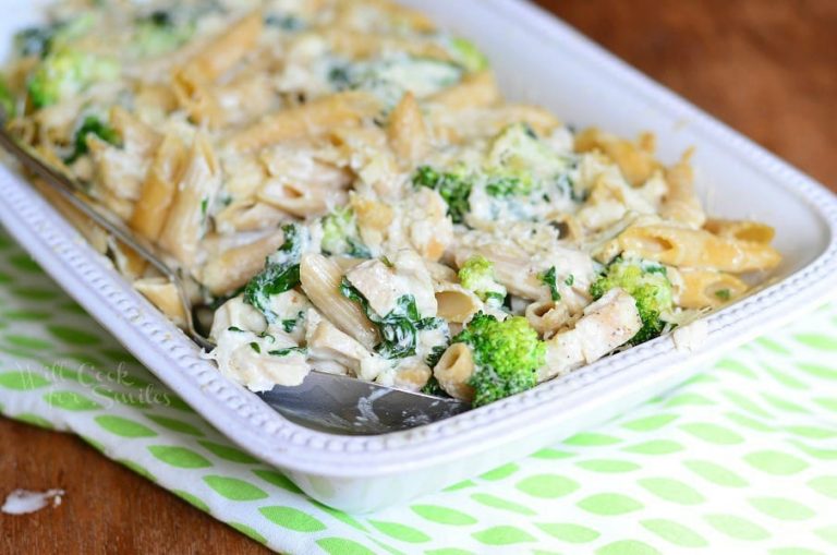 Lightened Spinach & Broccoli Chicken Alfredo Bake - Will Cook For Smiles