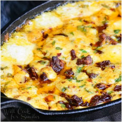 3 picture collage of black skillet on a bbq grill with sun-dried tomato and basil mozzarella dip