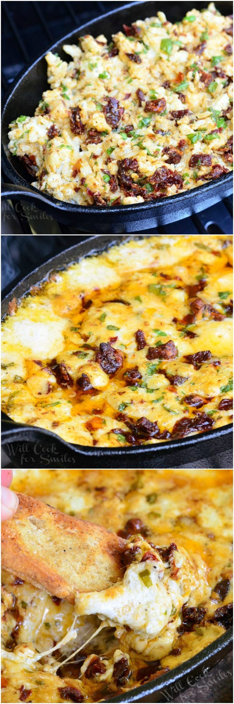 3 picture collage of black skillet on a bbq grill with sun-dried tomato and basil mozzarella dip