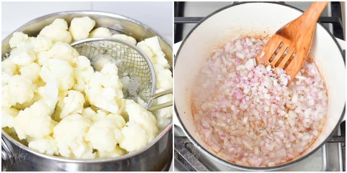 collage of two images of blanching cauliflower and sauteing shallots.