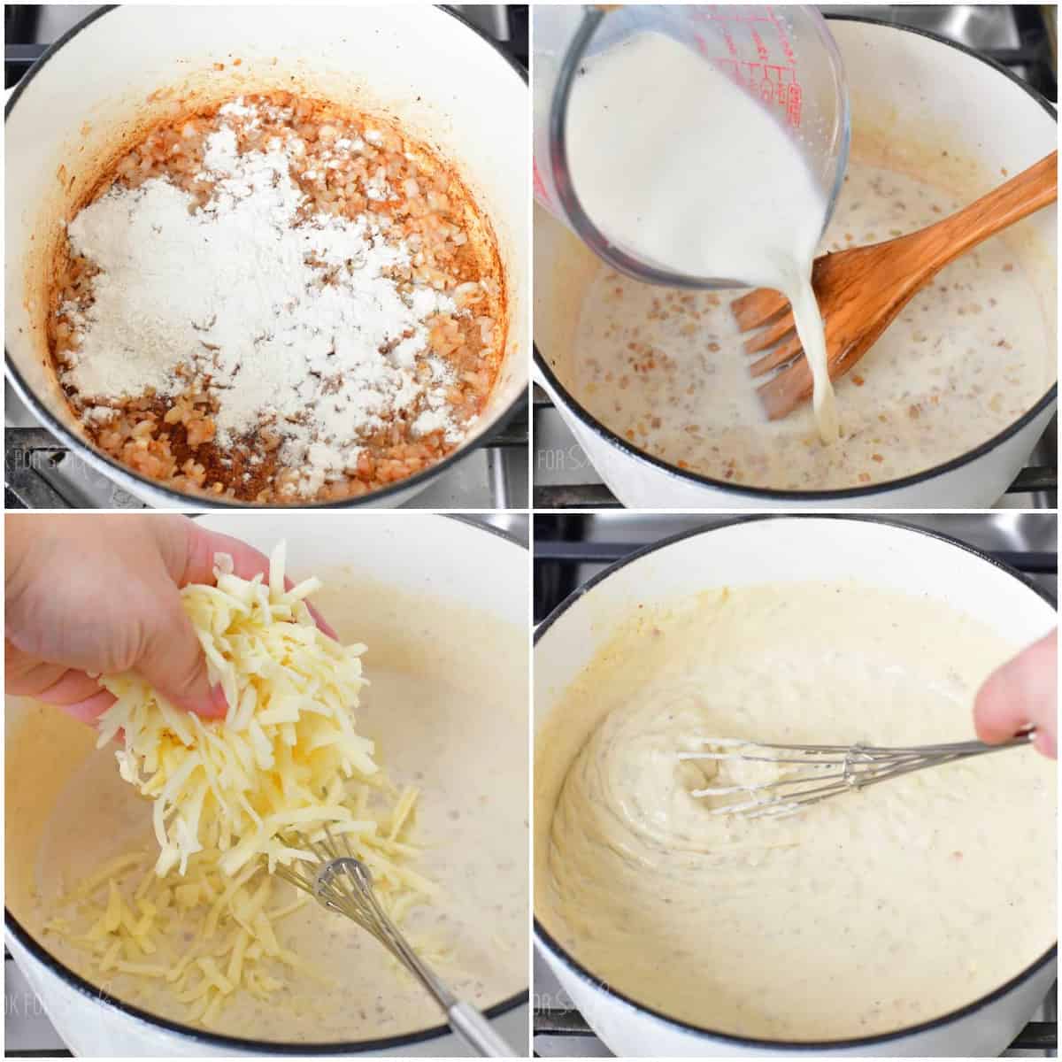 collage of four images of making cheese sauce in the Dutch oven.