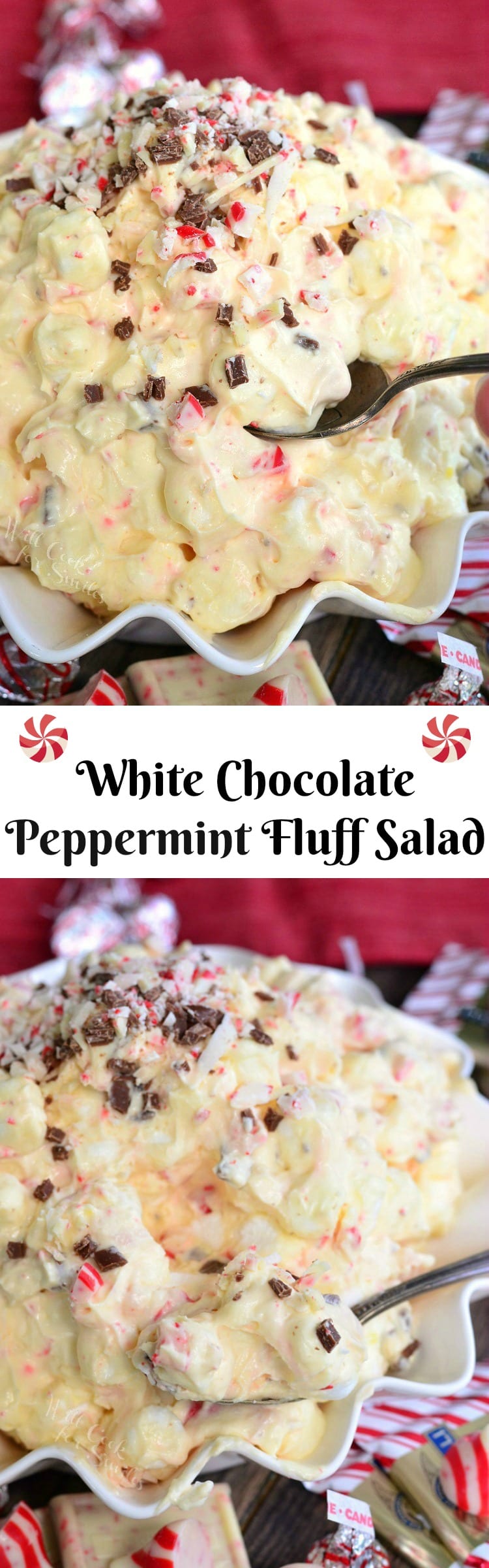 White Chocolate Peppermint Fluff Salad with a spoon in a white bowl collage 