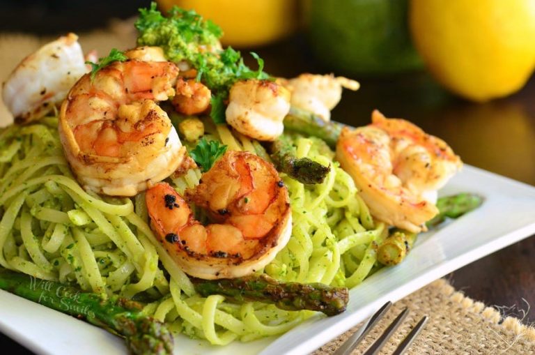 Lemon Pistachio Pesto Pasta with Shrimp and Asparagus