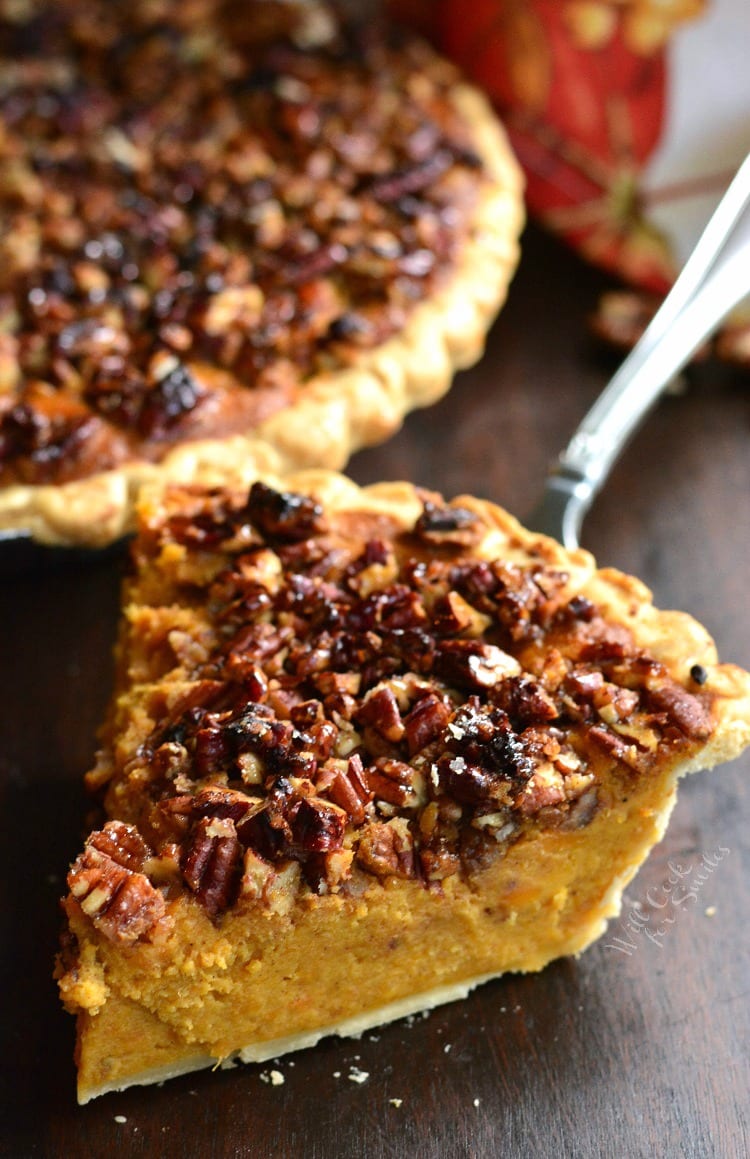 Pecan Crunch Sweet Potato Pie piece on a table with a pie spatula and the rest of the pie in the background 