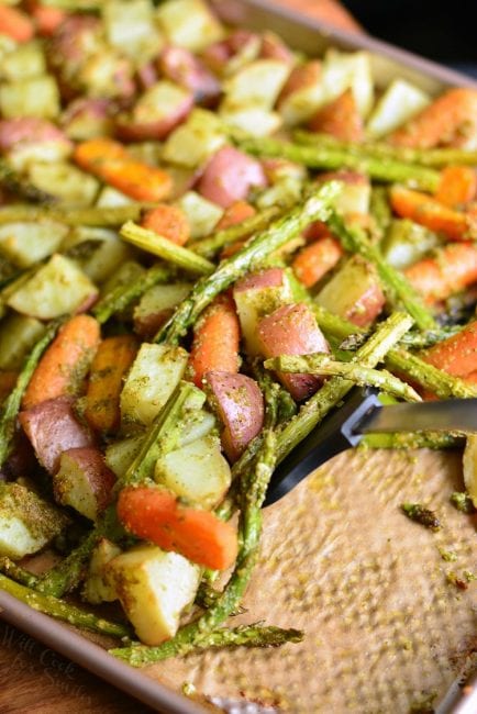 Pesto Roasted Potatoes Carrots and Asparagus - Will Cook For Smiles