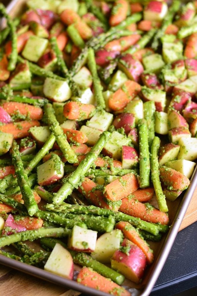 Pesto Roasted Potatoes Carrots and Asparagus - Will Cook For Smiles