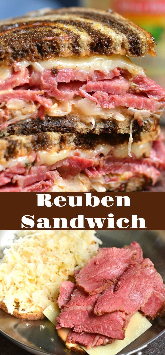 title image collage of Reuben sandwich and bread halves in a pan 