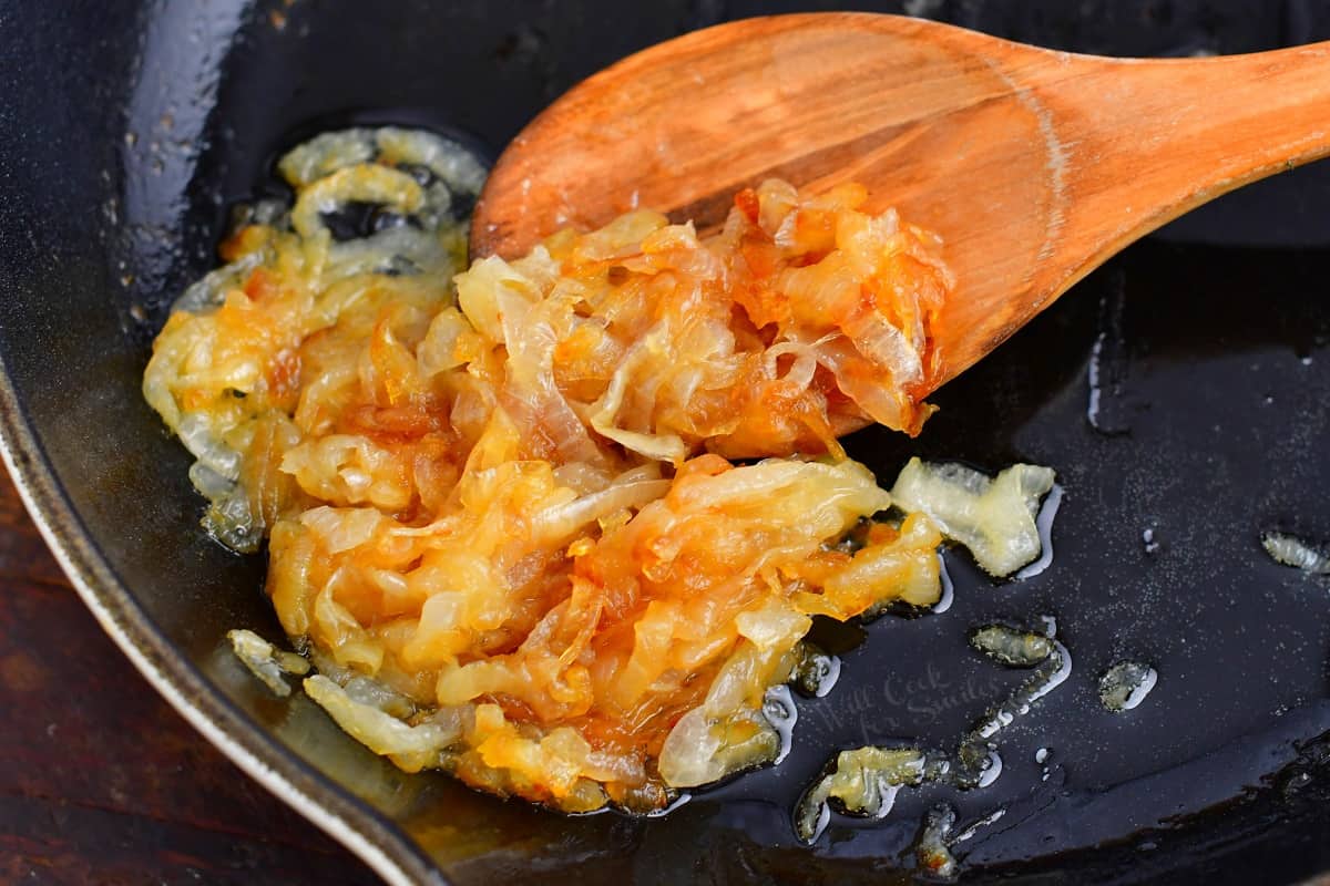 close up image: caramelized onions in a skillet