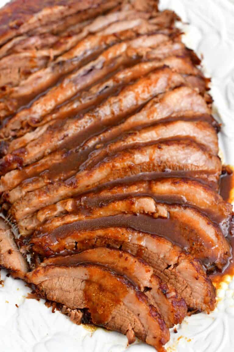 baked brisket slices covered with balsamic sauce