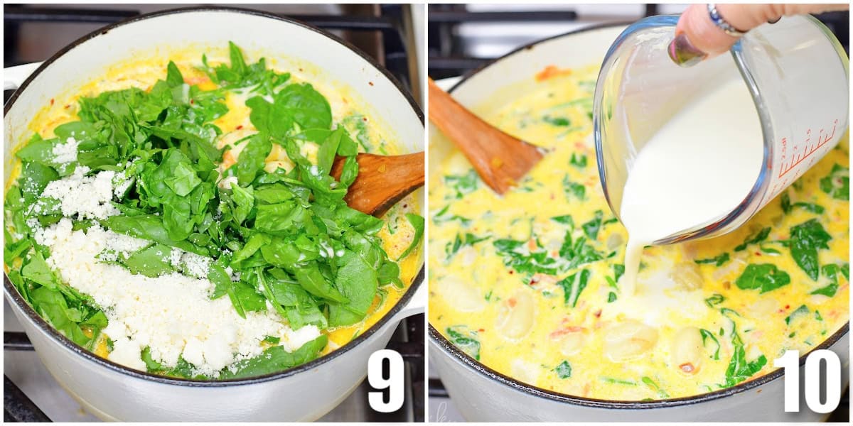 collage of two images of adding spinach and parmesan cheese and then cream to the soup.