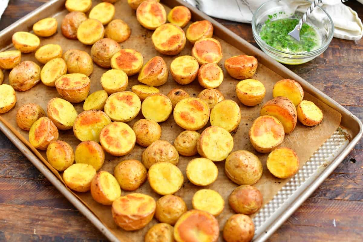 golden roasted potatoes on rimmed baking sheet