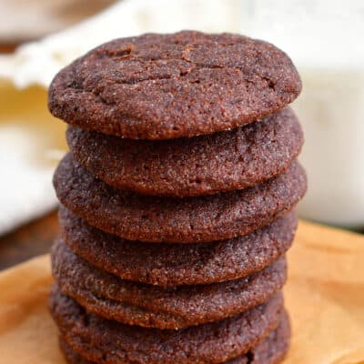 side view: stack of homemade chewy chocolate cookies