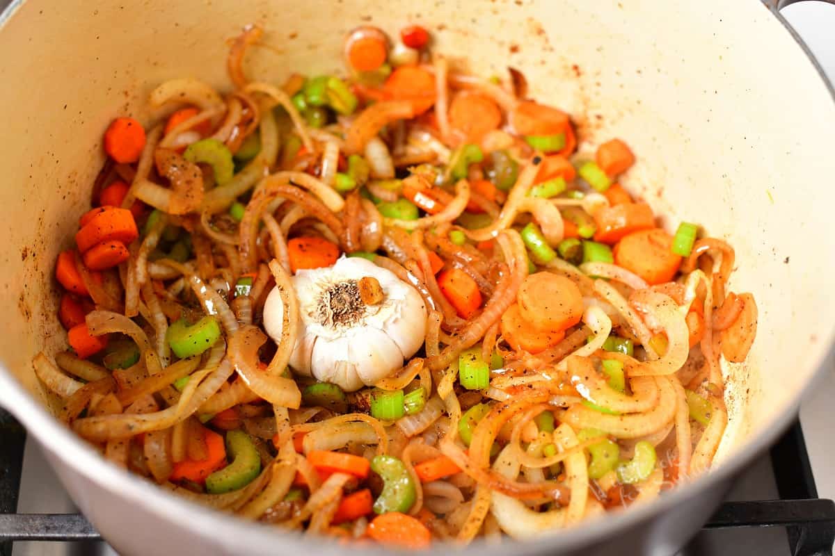 cooked mirepoix in a Dutch oven