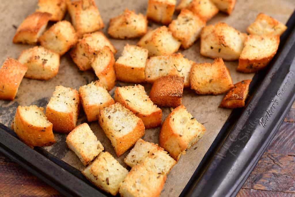 sheet pan with toasted bread croutons