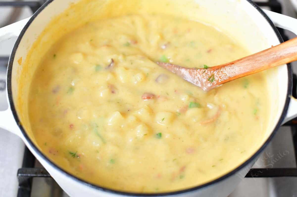 wooden spoon stirring soup in a white pot