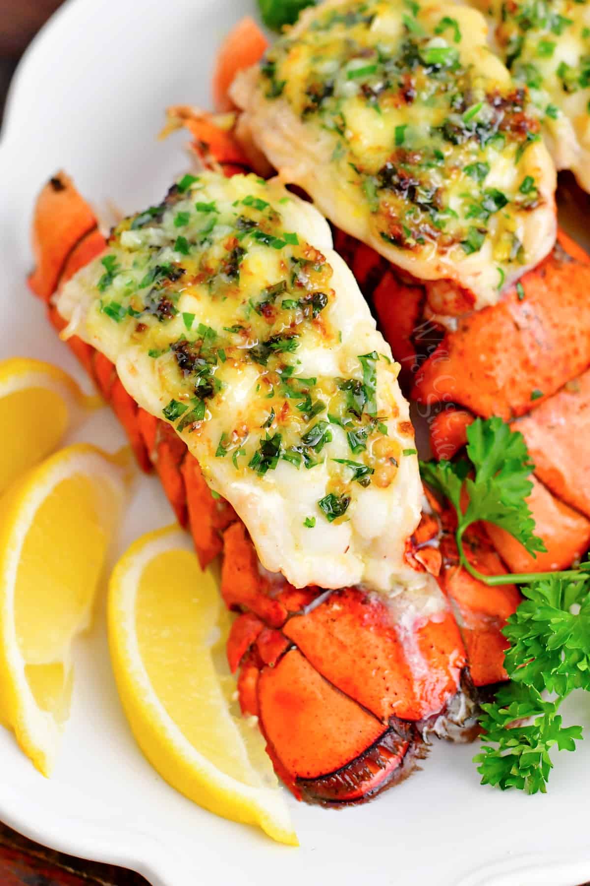 overhead image of a lobster tail on white plate with lemon slices and fresh parsley