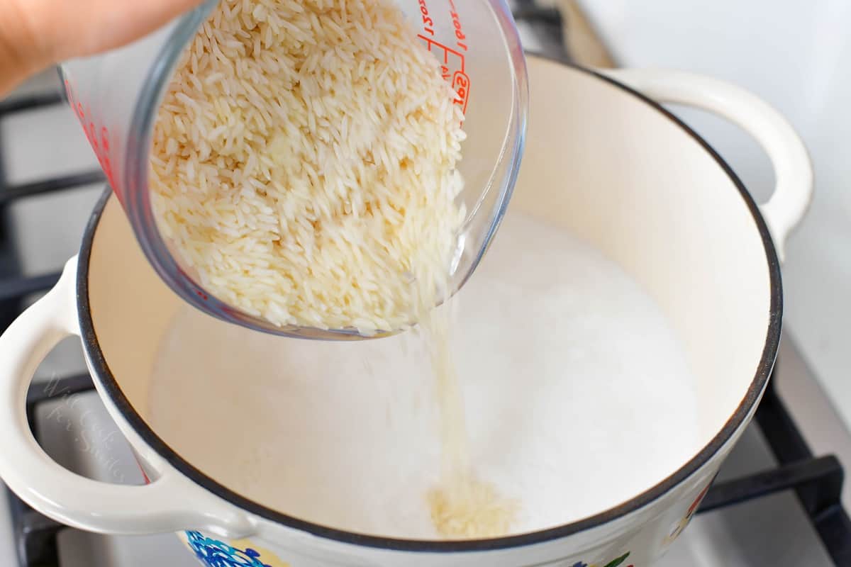 Rice is added to the pot.