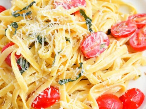 Parmesan Cream Sauce Pasta with Tomatoes and Basil