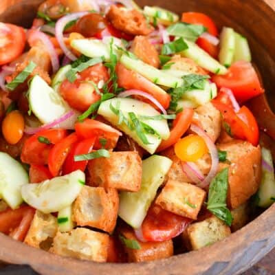 closeup view of panzanella in a wooden bowl