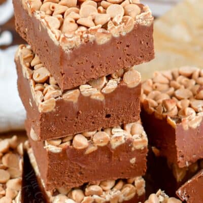 closeup stack of chocolate peanut butter fudge