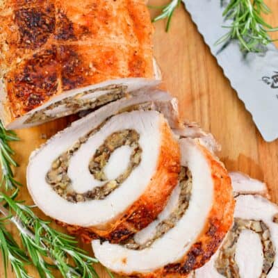 top view of the sliced stuffed pork loin