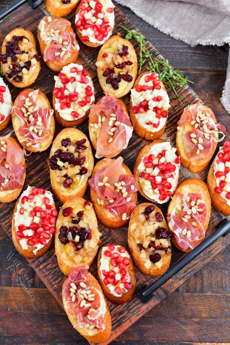 top view of the board filled with holiday crostini