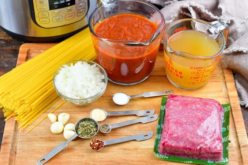 ingredients for instant pot spaghetti in the board